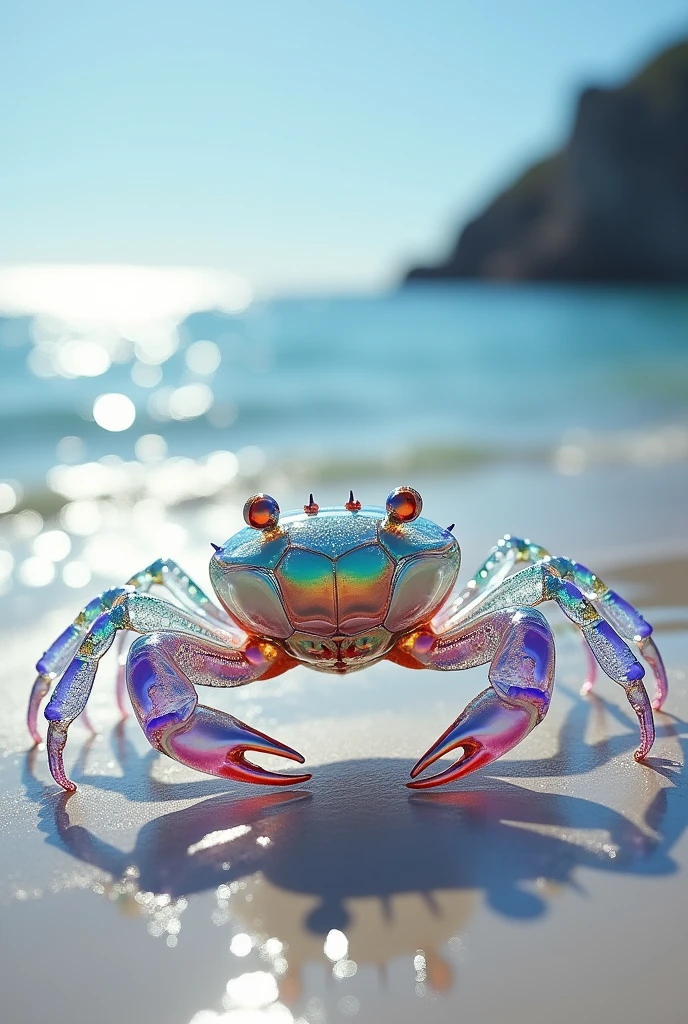 photorealistic fully transparent unusual crab made entirely out
of soap bubbles, highly detailed, on a beach in front of the ocean,
perfectly rendered
