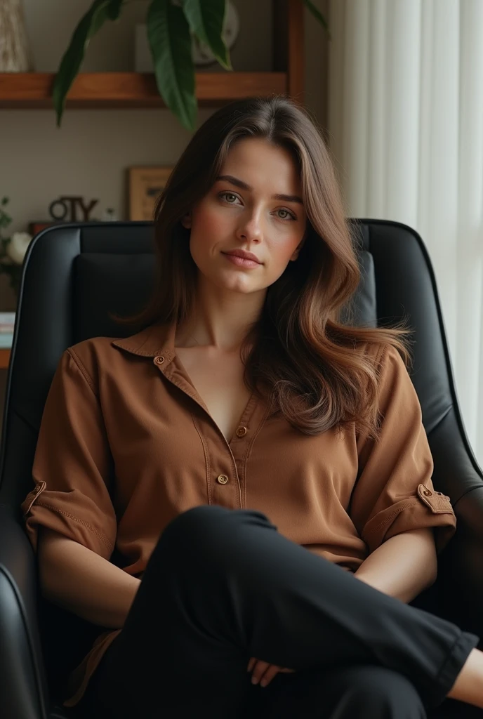 A white woman with a rounder face, long brown hair, WEARING BLACK PANTS, brown blouse, sitting on a black chair.

