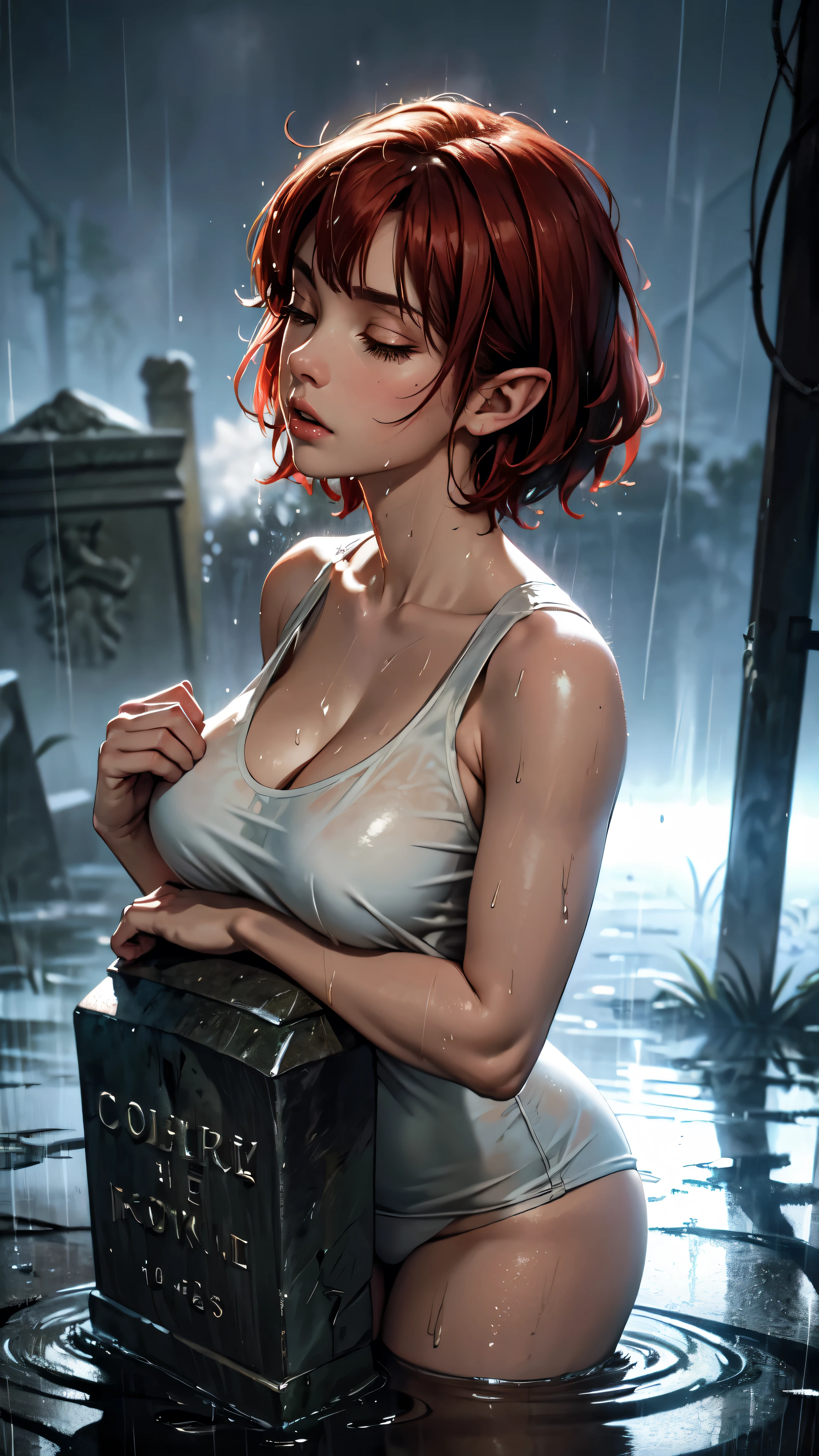 ((highest quality)), ((masterpiece)), (be familiar with), Perfect Face, (High definition), (Best Shadow), 8k, cinematic, (Realistic:1.4),dramatic, ((A woman kissing a gravestone)), ((Covered in mud:1.2)), (Red hair), ((extra short hair)), (Eyes closed), (Mouth open), (Anguished expression:1.1), (Pure white skin:1.1), Voluptuous body, (Large Breasts:1.1), Narrow waist, BIG ASS, Alluring, Drenched white tank top, barefoot, Rain on the skin, Boneyard, Boneyard, (heavy rain:1.4), Heavy rain in the middle of the night, (steam:1.4), Top-down view, Bust Shot
,wet hair,full body,detailed face, detailed hands, full body, long legs,elf woman