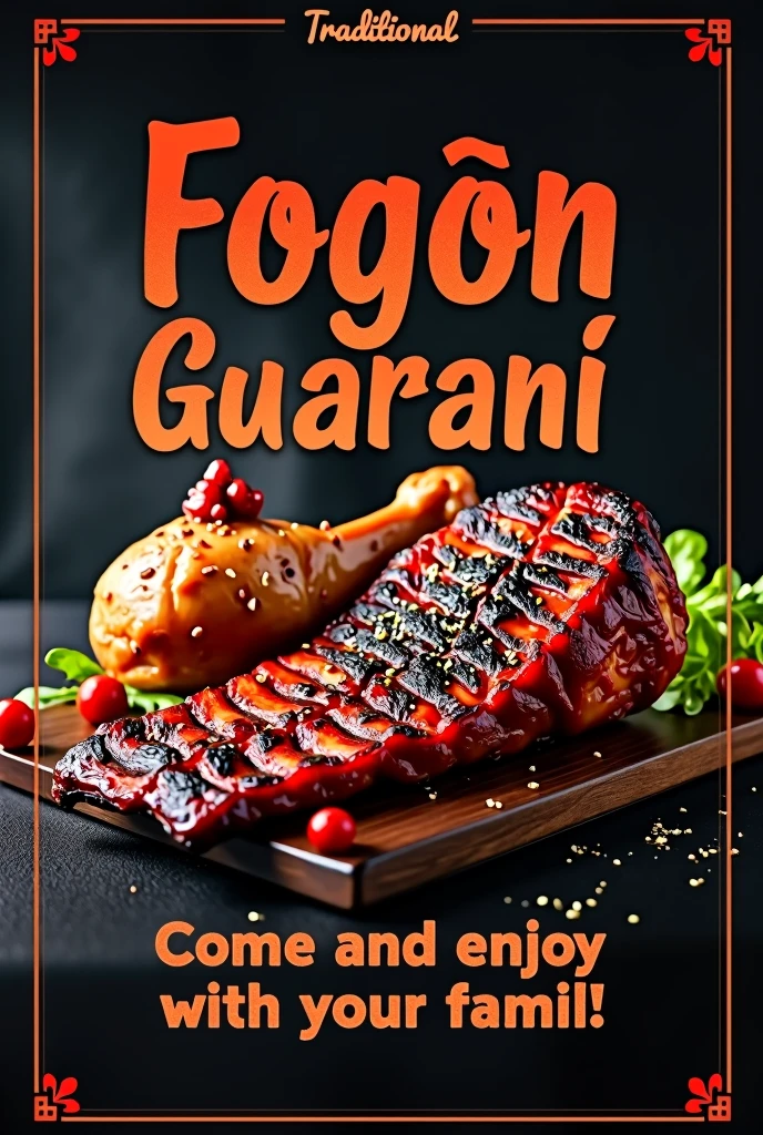 Create a banner for a food stall named 'Fogón Guaraní' with a black background. The banner should prominently feature images of a chicken leg and a rib of asado. Use warm colors like red, orange, and brown for the text to stand out against the black background. Include the following text in a clear, bold font: '¡Disfruta de Asado y Pollo en Fogón Guaraní!' and 'Todos los Sábados y Domingos'. Add a friendly invitation: '¡Ven y disfruta con tu familia!' The design should be clean, with the food images and text well-integrated to create an inviting and appetizing appearance.