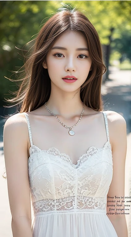 The image is a black and white text that appears to be a description of a necklace. The text is written in a cursive style and is accompanied by a picture of a necklace. The necklace is described as having a "sweetheart" shape, and the text goes on to describe the various details of the necklace, including the lace and the tulle-like fabric. The text also describes the person wearing the necklace, stating that they are also wearing a "delicate" necklace with a "symmetrical" design. The text concludes by suggesting that the background of the image is outdoors, with bare trees.