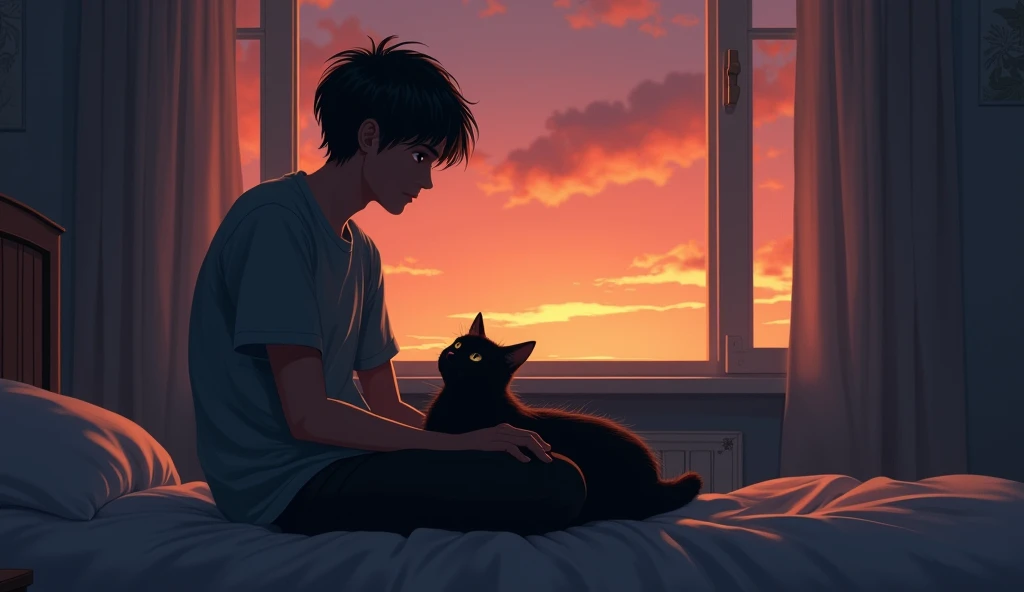 “Sam is sitting on his bed, looking sad and thoughtful. Shadow, the dark-furred cat, is in his lap, looking up at him with a gentle expression. The room is softly lit, with a warm, comforting atmosphere. Outside the window, it’s evening, and the sky is turning orange with the setting sun.”