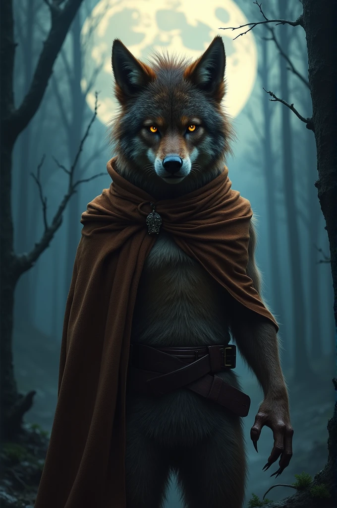 A werewolf boy with a brown cloak and belt