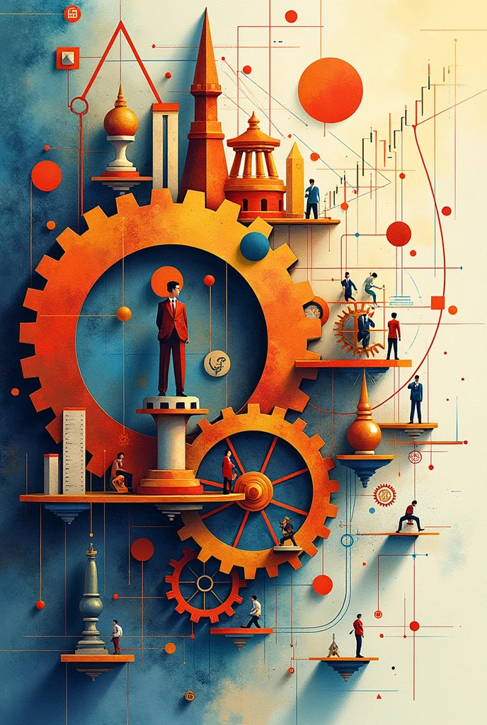 Create three-dimensional gears, circles, and squares, currency, graph lines, and many businessman images. Using watercolor and mixed media Use bright colors The light source is in the upper right corner. --ar 2:3