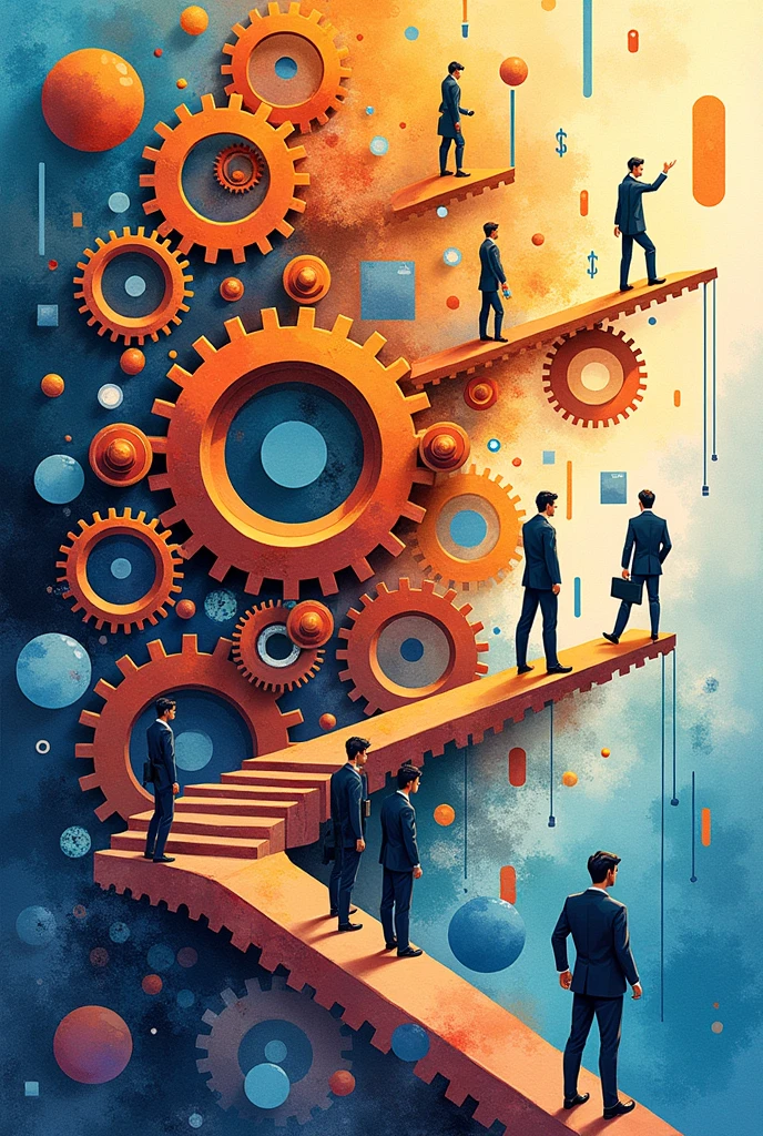 Create three-dimensional gears, circles, and squares, currency, graph lines, and many businessman images. Using watercolor and mixed media Use bright colors The light source is in the upper right corner. --ar 2:3