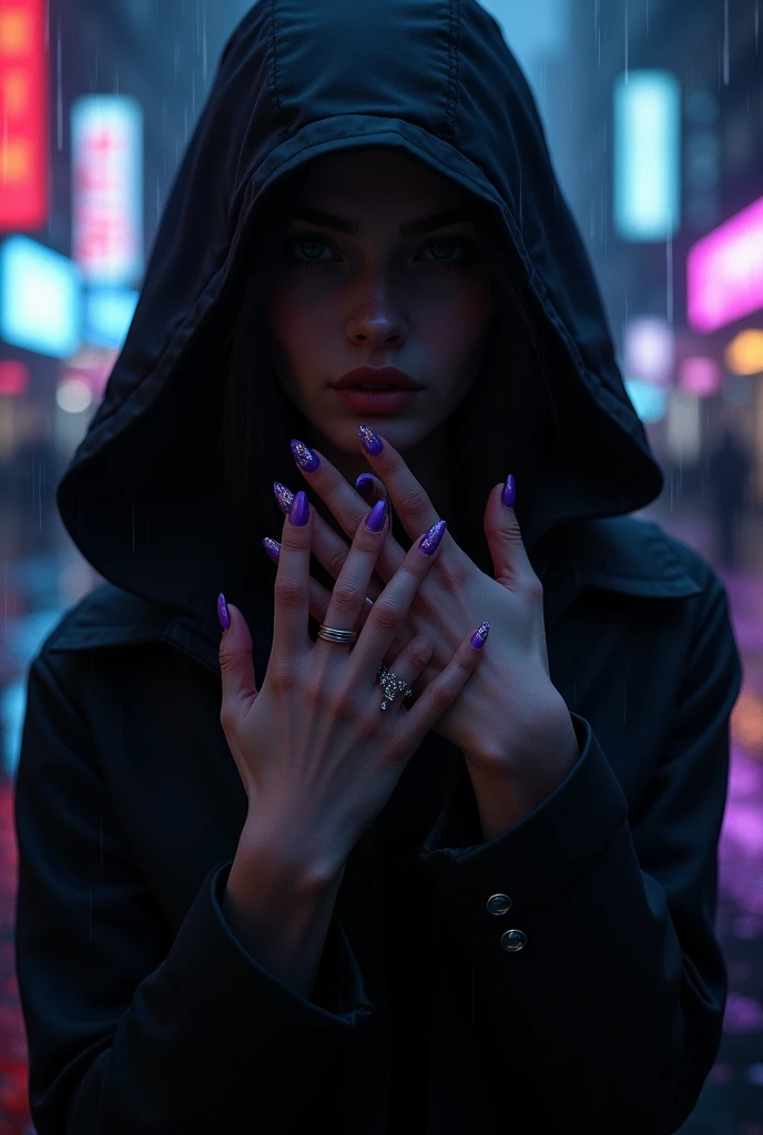 Main noire réaliste avec des ongles nail art violet