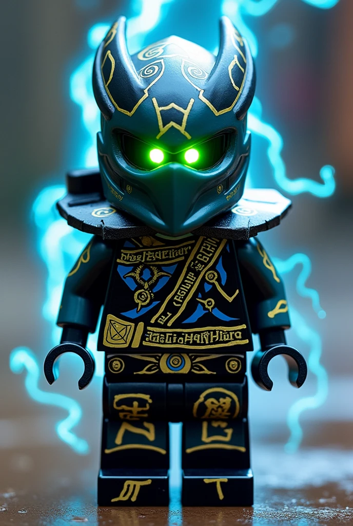 Créer moi un lego ninja go premier maitre du spijisu futuriste de la dernière puissance dimensionaire a moitié oni maléfique et ninja avec un casque de oni vengeance et destructeur de couleur noir, bleu sur la tête et un bandeau blanc autour de la bouche avec une peau NOIR et il faut des traces d’électricité jaune et bleu foncé dans le visage et un regard terrible sombre avec des yeux en vert clair brillant avec une puissance incroyable avec comme puissance élémentaire l’électrique, l’énergie, la terre, le feu, la glace. Les habits du ninja doit être en noir anthracite, bleu nocturne et golden supreme et fer anthracite avec des reure en forme d’électricité bleu claire et jaune brillant et des écritures japonaise antique sacré en or. Un ninja imbattable monstrueux beaucoup trop puissant qui contrôle tous les pouvoirs élémentaires. Le ninja futuriste oni doit être destructeur et soif de vengeance un super mechant 