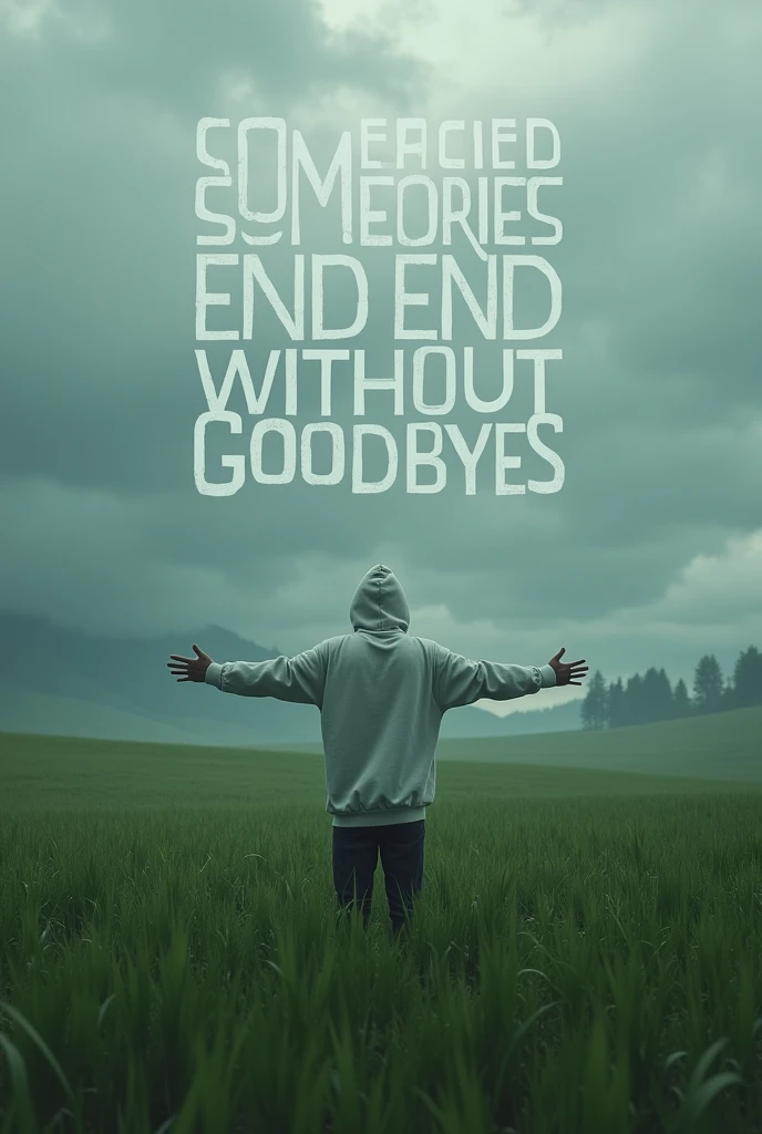 Create a scene where a person stands amidst a vast, lush green field, surrounded by a serene and moody landscape. The person is dressed in a white hoodie, slightly turned away, with arms outstretched, embracing the natural surroundings. The sky above is overcast with thick clouds, adding a dramatic touch to the atmosphere. In large, bold text overlay, include a poignant phrase like "Some Stories End without Goodbyes" to evoke a sense of reflection and contemplation. The overall mood is calm yet introspective, with a blend of nature's beauty and the quiet strength of solitude. Realistic 
