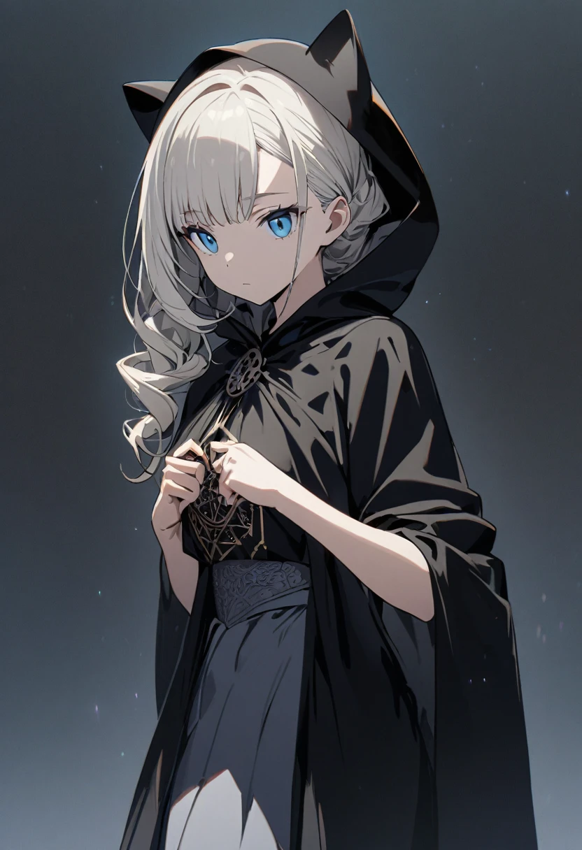 One girl, masterpiece, Highest quality, Beauty, Expressionless, Platinum Blonde, Asymmetrical hairstyle, Vertical eyes like a cat, Blue Sky Eyes , Cloak with hood, A long dark skirt, fortune teller, Gray background, anime