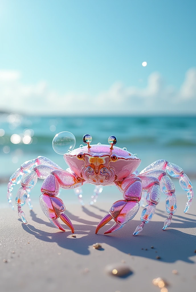 photorealistic fully transparent unusual crab made entirely out
of soap bubbles, highly detailed, on a beach in front of the ocean,
perfectly rendered