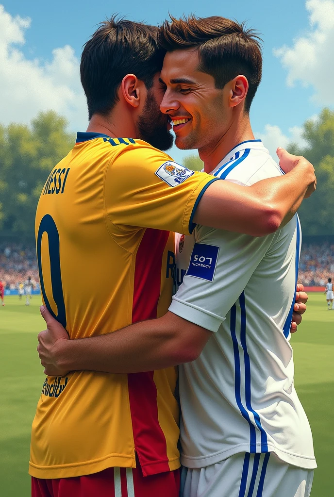 Drawing of Messi hugging each other wearing the Junior de Barranquilla shirt and Cristiano Ronaldo wearing the Real Madrid shirt