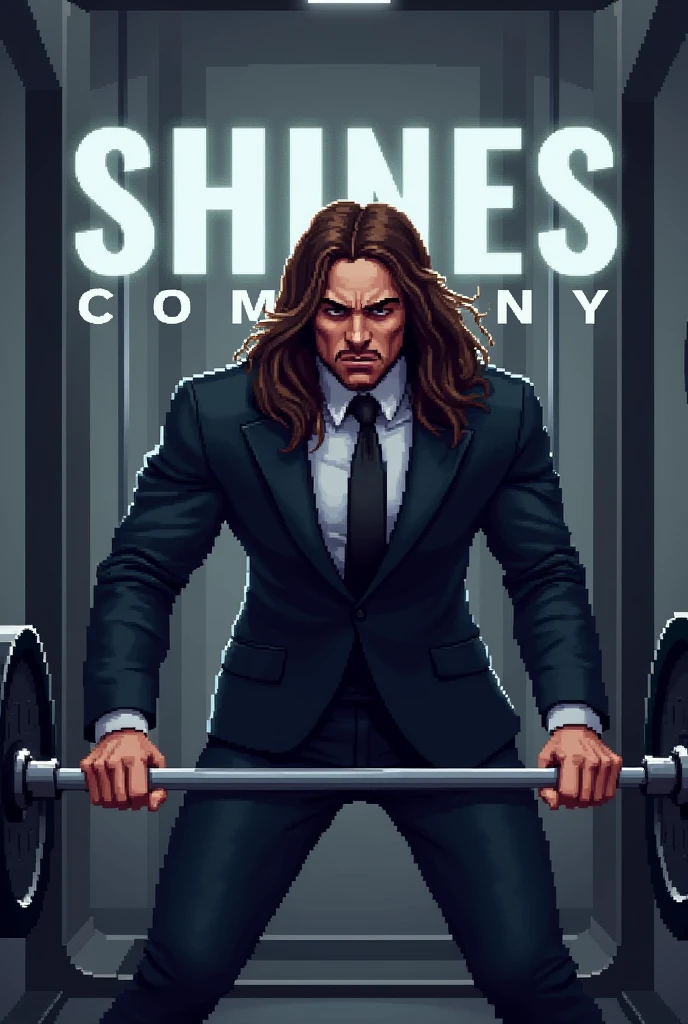 A pixel art style image of a man in a suit with long hair lifting weights at the gym. The man is in a weightlifting pose, with the face showing a lot of strength and effort.

He's wearing an elegant suit, Dark in color, such as black or navy blue, that still looks fit and proper for the occasion. Long hair is detailed with shades of brown or black. The man&#39;s facial expression is intense, with frowning eyes and slightly open mouth, highlighting physical effort.

In the background of the image, is written "Shines Company" in large, visible letters. The text is designed to be integrated into the scenery, perhaps with a glow or highlight effect, so that it stands out without distracting from the man and the weightlifting action. Lighting should highlight the character and weights, with shadows to add depth and realism to the scene.