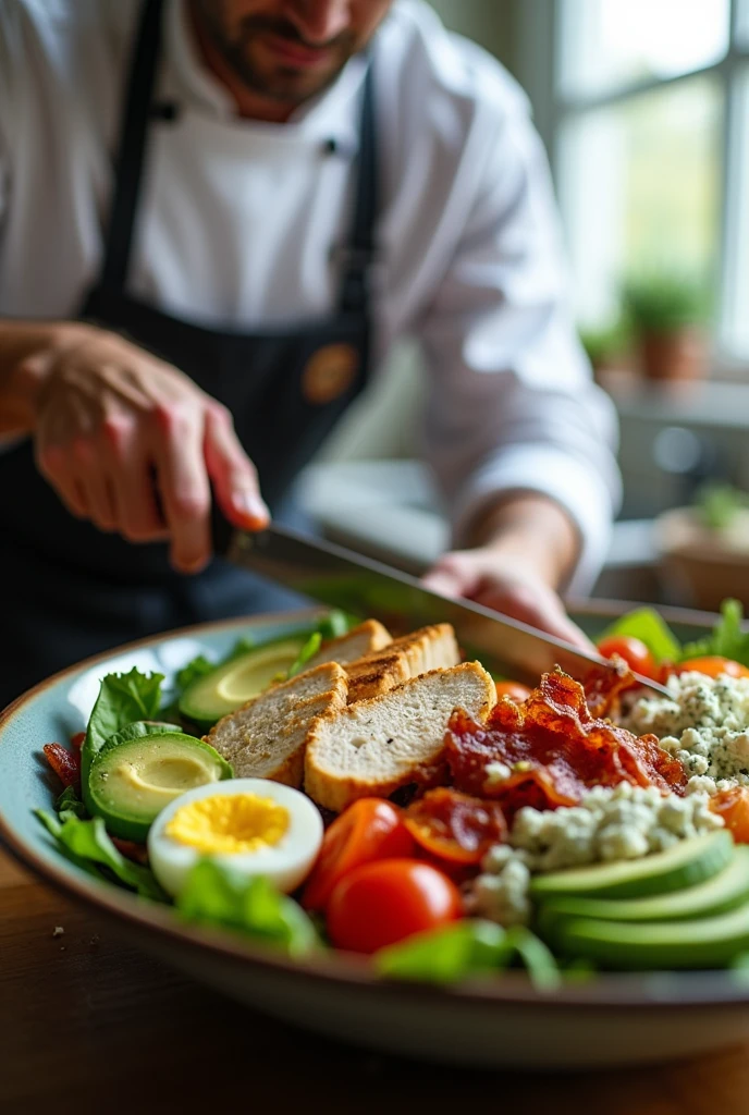 Create a dynamic cooking video showcasing the preparation of a gourmet Cobb salad. Start with fresh ingredients: leafy greens, ripe avocados, juicy cherry tomatoes, crispy bacon, and a perfectly soft-boiled egg. Show the process of grilling seasoned chicken to perfection, slicing it into tender strips, and arranging the salad ingredients in a large bowl. Capture the richness of the blue cheese crumbles and the smoothness of the avocado slices as they’re added. Finish with a drizzle of a tangy dressing, highlighting the vibrant colors and textures of the dish. Use close-ups and slow-motion shots to emphasize the freshness and quality of the ingredients