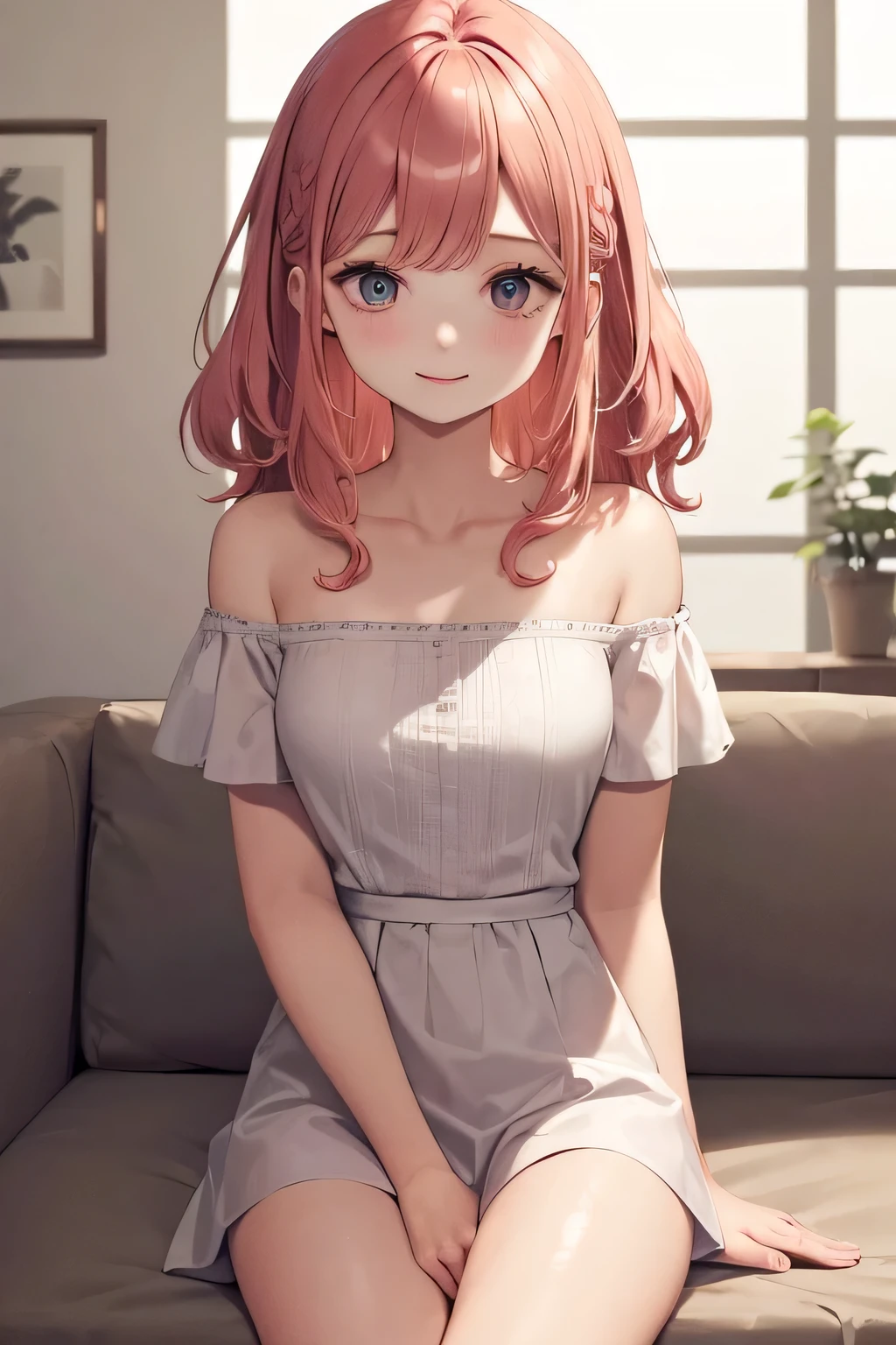 masterpiece、top quality、 quantity, curly hair, A woman with long pale pink hair and blue eyes..、Wear a white off-shoulder blouse、smile, (shy:1.2), sitting、In the background is a simple living room.、Bold composition Close-up of your face