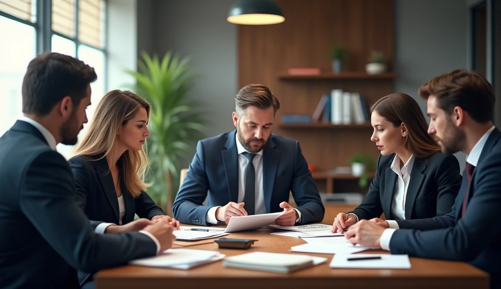 Create an image of some lawyers at a table in the office, discussing an agenda, with papers in their hands. in 16x9 format