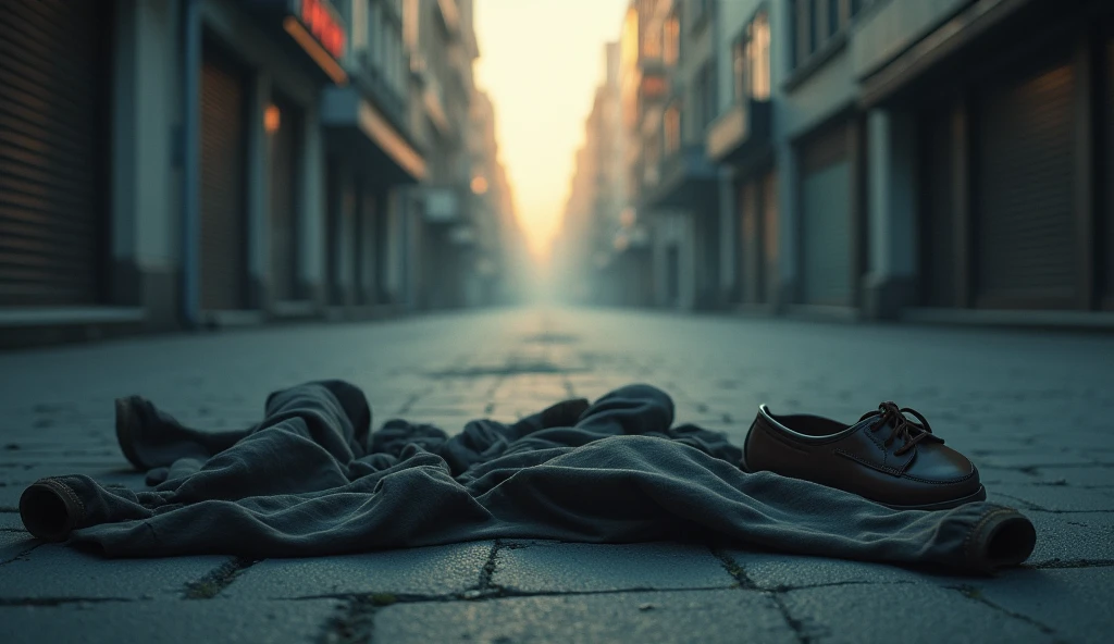 The street at dawn, abandoned clothes lying on the ground, hinting at a man who has mysteriously disappeared during the night.