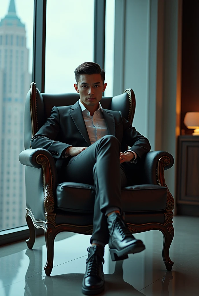 office in a skyscraper in a big city, cyborg woman, Beautiful detailed eyes, Beautiful detailed lips, Beautiful detailed face, extremely detailed eyes, very detailed face, long eyelashes, sits with his legs up in a luxurious chair, Heavy Mens Boots, high quality, absurdity, masterpiece, Beautiful, complex parts,1/2 body finishes, slender body, Beautiful figure, Magnificent Anatomy