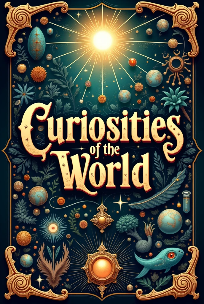 A logo written Curiosities of the World, with a full range of background curiosities