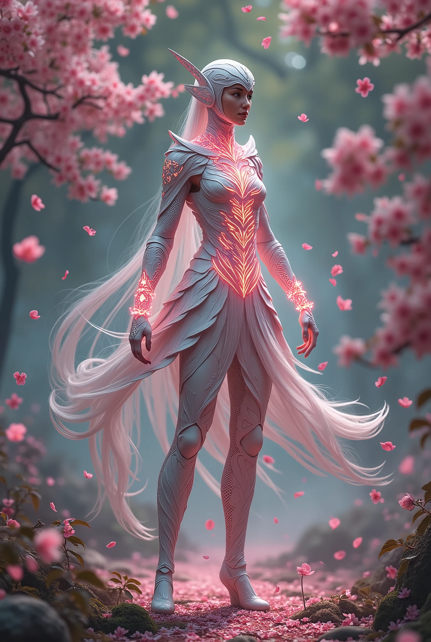 A tall, elegant warrior woman from the Sakurianas species, wearing a unique armor that reflects their abilities and beauty. The armor is lightweight, made of petal-like material that is 100 times stronger than diamond but appears delicate and organic. The armor has a shimmering pink and white color scheme, resembling the natural hues of Sakura petals. The chest plate and shoulder guards are adorned with intricate floral patterns that look like blooming Sakura flowers. The helmet is sleek, with a visor shaped like overlapping petals, and the whole armor has a flexible, almost fluid-like appearance. The armor also has glowing veins of energy running through it, matching the regenerative and powerful nature of the wearer. The background is a mystical forest, with falling Sakura petals around the warrior.