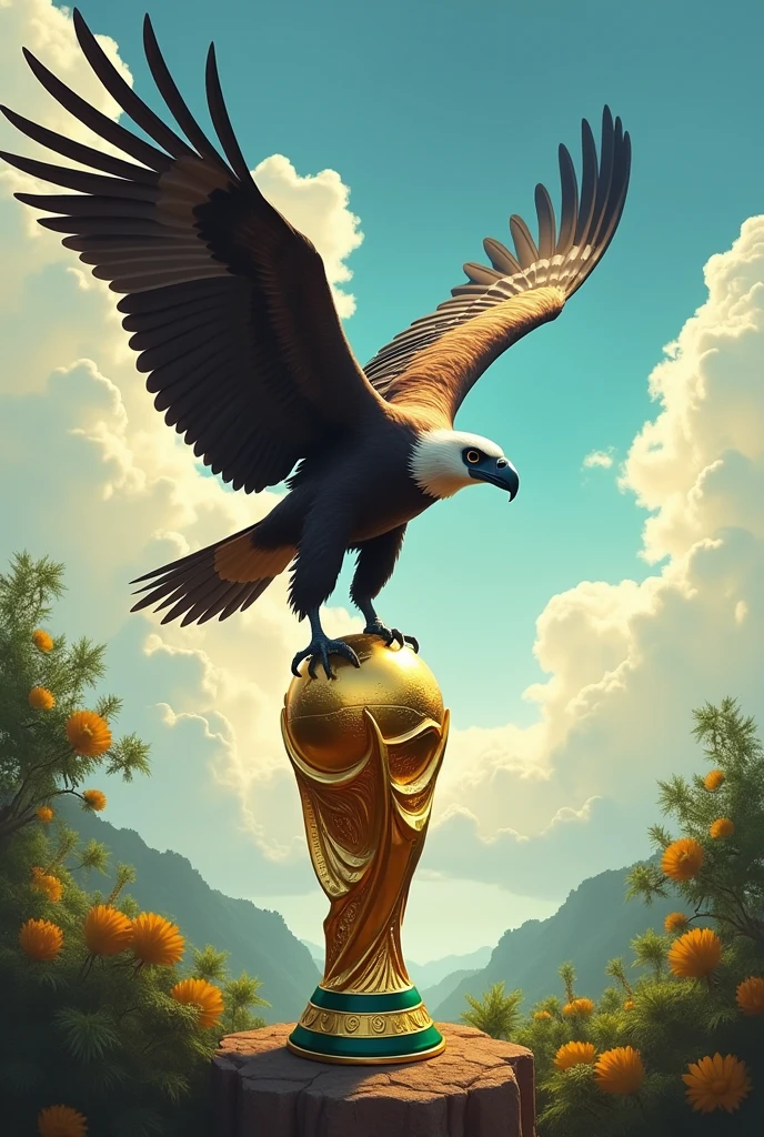 Vulture flying over the Brazilian World Cup trophy