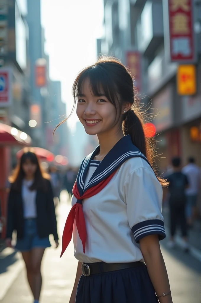 Shoot people in the style of modern street photography, capturing the dynamic and frank nature of city streets. The character is a Japanese high school girl who wears a sailor costume. The background should be a bustling city street where architecture, street art and people are intertwined. As she smiles in the early fall morning light, the figure should be captured in a natural, unposed moment, perhaps looking at something in the distance or interacting with her surroundings. The light should be natural, mixing sunlight and city lights to create a lively atmosphere.