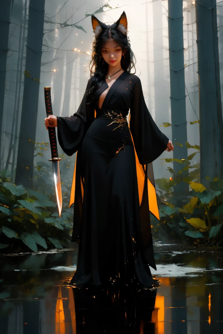 (​masterpiece:1.2), 4K, offcial art, textured skin, highly detailed, high details face, ​masterpiece, best quality, (Amazingly absurd:1.2), 1 Foxgirl, evil smirk, fox ears, long black hair, long black dress, standing, dynamic pose:1, holding a katana, glowing eyes, Fullbody , glowing dress, shining hair, Hair bow, black kneesocks, Soft colors, Kawaii, beautiful colors, (Rain:1), (Forest:1.5), (Night:2)