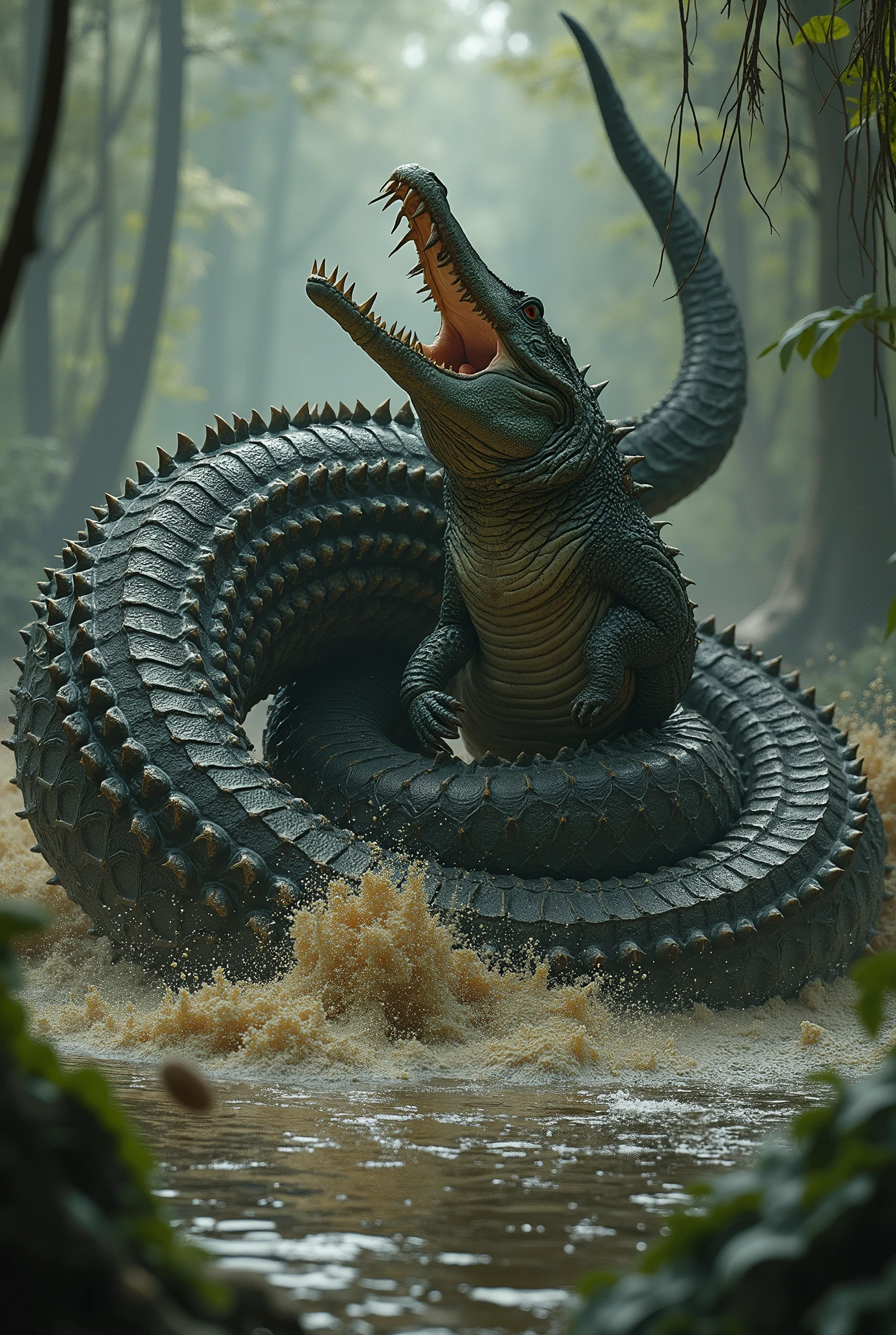 The battle between a crocodile and an anaconda in the swamp is terrifying, full of drama and the brutality of wild nature. The scene unfolds in a murky swamp, with a thick layer of mud and muddy, algae-covered water. Both colossal creatures clash in a fierce confrontation, stirring up the stillness of the swamp and sending mud and water flying, instilling fear in the surrounding wildlife.