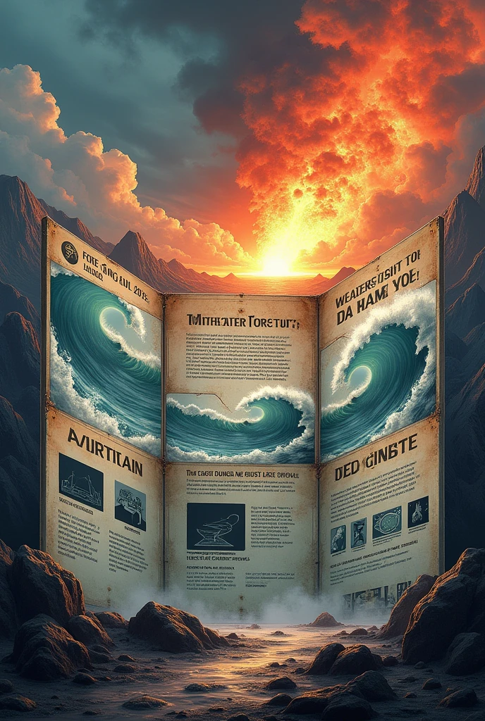 realistic textured illustration, 3fold brochure, earthquake, tsunami, volcanic eruption, informations before during after, detailed labels, dramatic lighting, cinematic perspective, dynamic composition, muted color palette, gritty grunge texture, ultra-detailed, (best quality,4k,8k,highres,masterpiece:1.2),ultra-detailed,(realistic,photorealistic,photo-realistic:1.37)