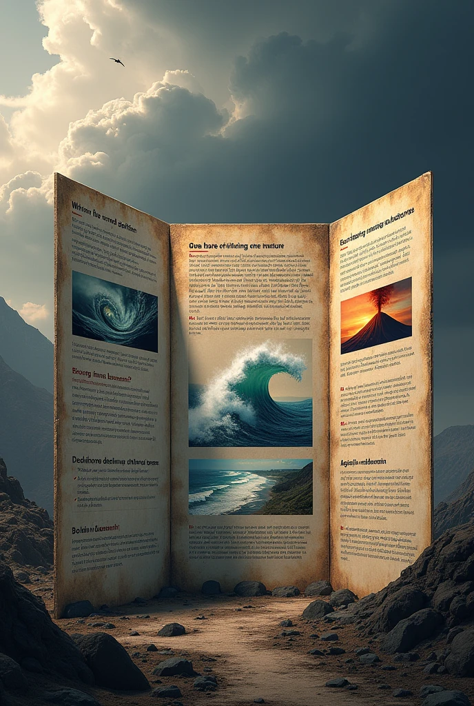 realistic textured illustration, 3fold brochure, earthquake, tsunami, volcanic eruption, informations before during after, detailed labels, dramatic lighting, cinematic perspective, dynamic composition, muted color palette, gritty grunge texture, ultra-detailed, (best quality,4k,8k,highres,masterpiece:1.2),ultra-detailed,(realistic,photorealistic,photo-realistic:1.37)