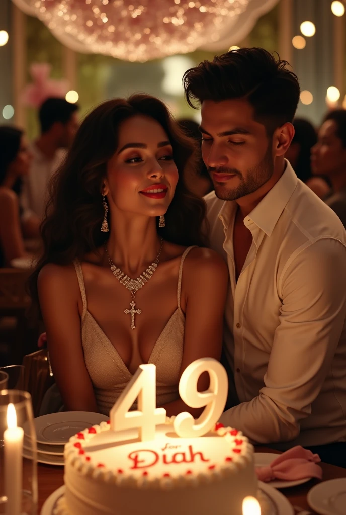 49th birthday celebration dinner showing 1 extremely beautiful lady and 1 good looking gentleman wearing upscale attires, the lady is wearing a diamond necklace with a cross at the end, hyper realistic, UHD image, romantic vibe. Both people are facing camera. The gentleman is giving a birthday give to the lady. There is a cake with candle number 49 and message "for Diah". A banner behind with showing the date of 07 September 2024. Surrounding with friends and relatives