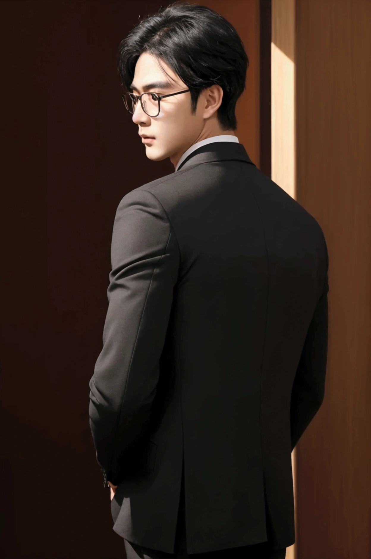 Handsome young man, Chinese celebrity, 2, black hair, glasses, black mask, Asian, Back view