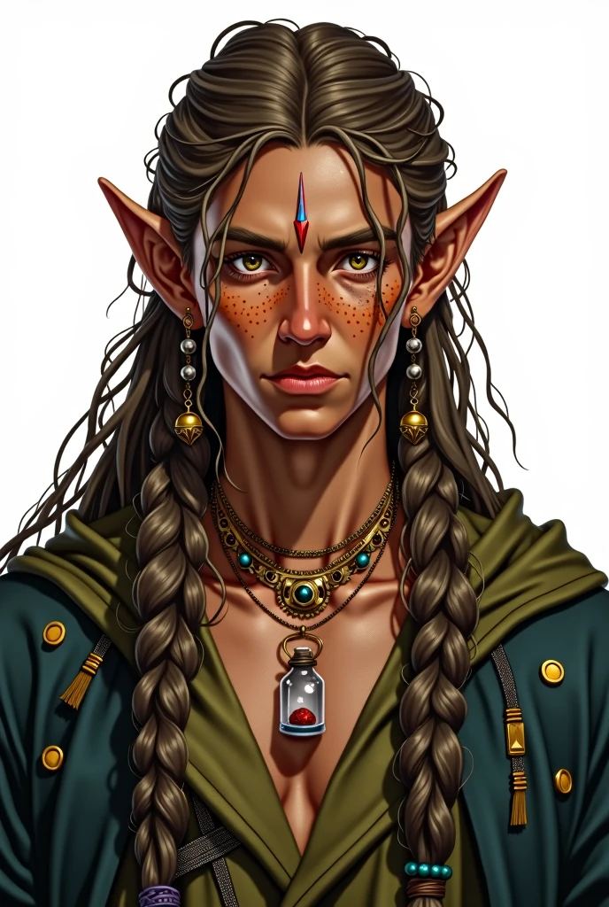 high elf, young adult, masculine, gourd-colored skin, long braided hair with ornaments, copper color with a golden streak, freckles on the face, ear ornaments, silver eyes, magician, with a birthmark that resembles a star, in the neck. A necklace with a small glass bottle with a red stone inside. white background, estilo Dungeon and dragons