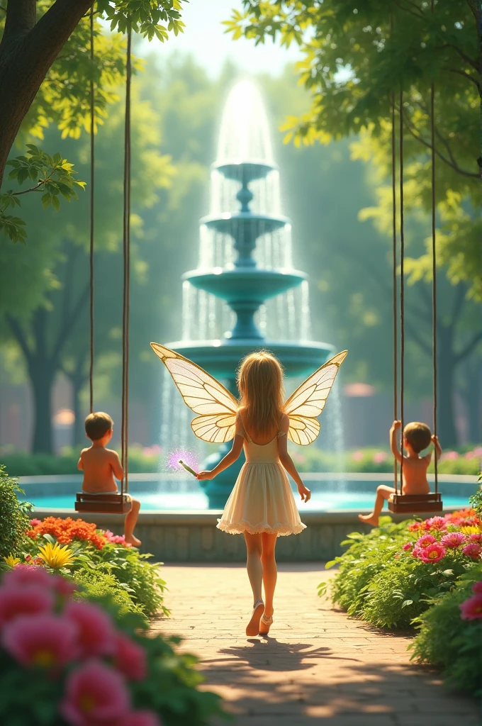 Generate a realistic photo.Image: A beautiful park with swings, colorful flowers, and a sparkling fountain. Children are enjoying the park, and the fairy is seen waving her wand to create the park.