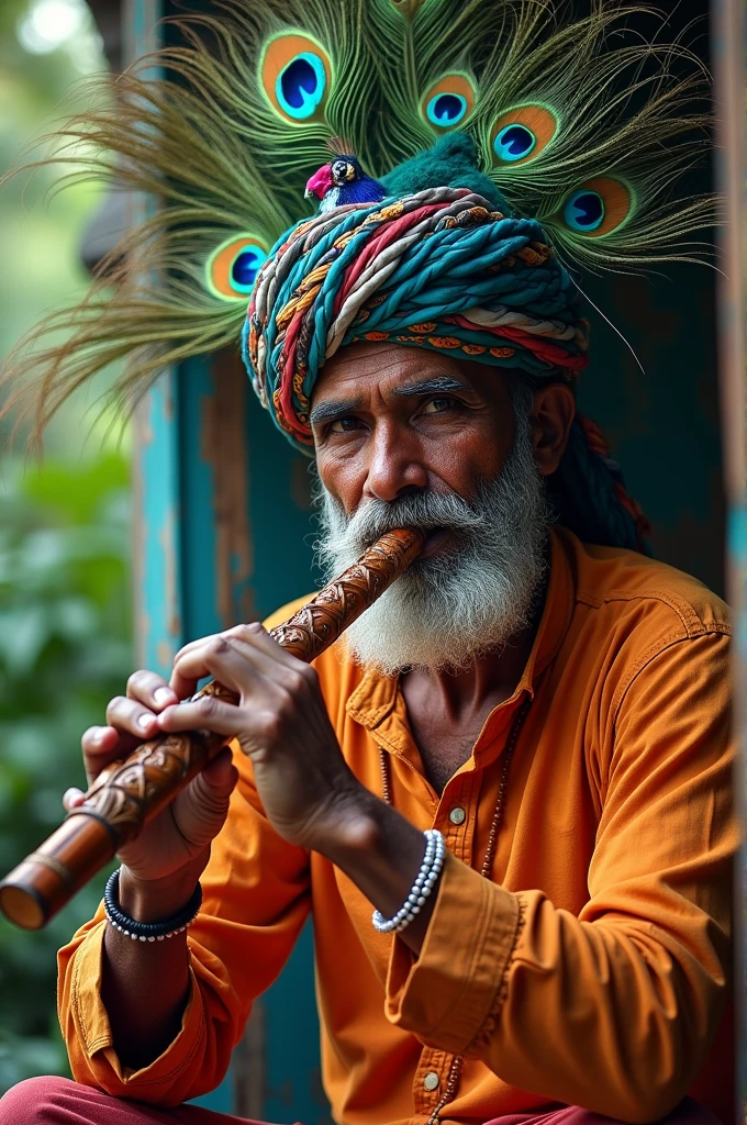 Generate a gujrat man with peacock feathers in head and flute in hand