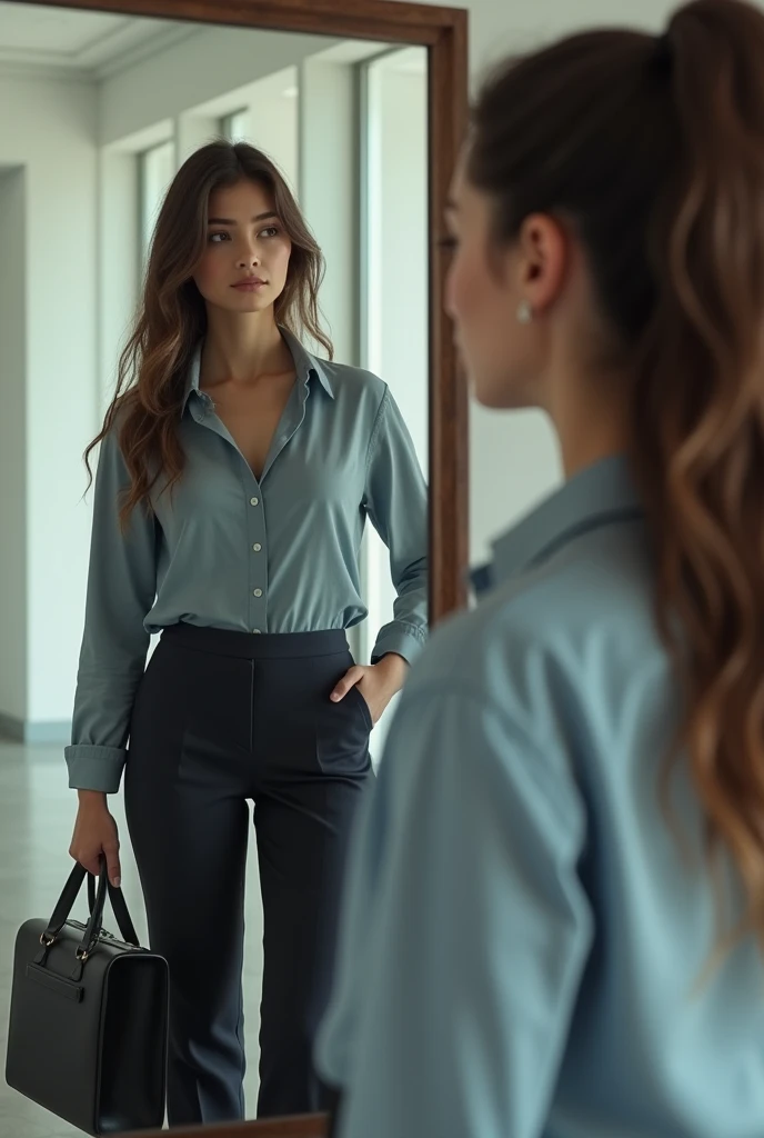 A young woman standing in front of a mirror, gazing at her reflection. The reflection in the mirror, however, shows her as a confident and successful professional. The young woman appears casual, with simple clothing, while her reflection is dressed in formal business attire, holding a briefcase and standing in a modern office setting. The mirror image should depict an empowered, successful version of the young woman, symbolizing aspiration and transformation.