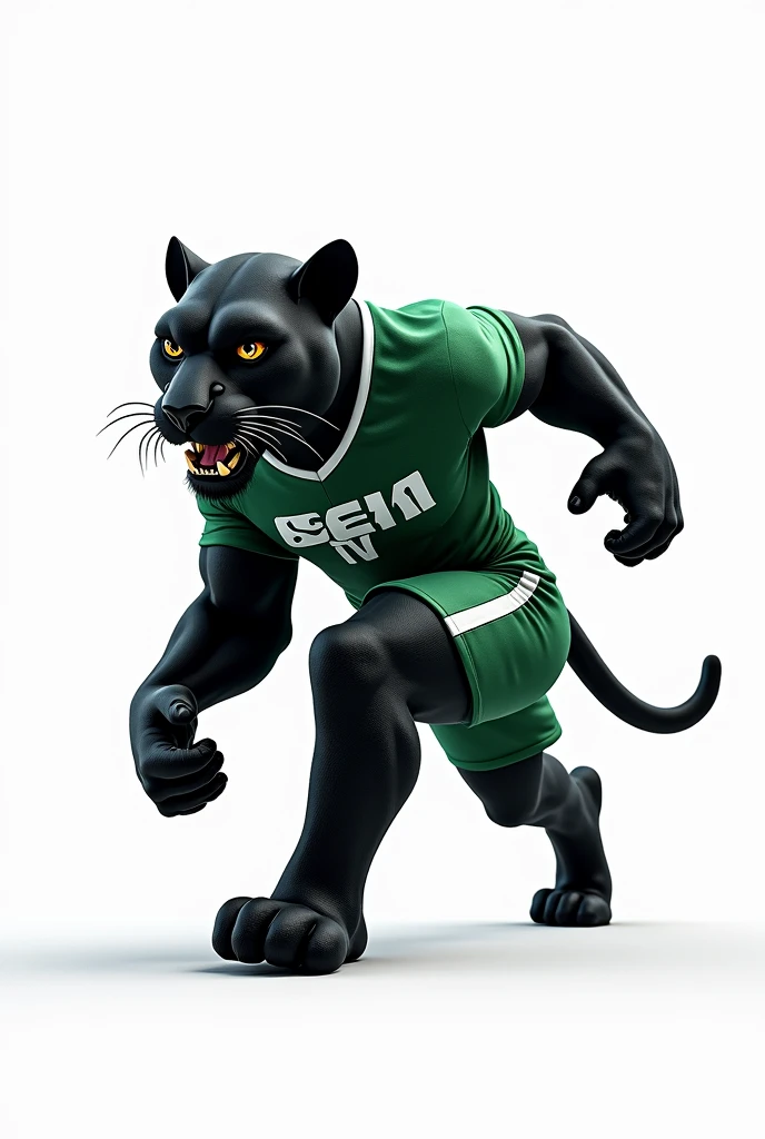 Full body panther, WITH WHITE BACKGROUND, wearing a green and white sports uniform that says ESEN TV 