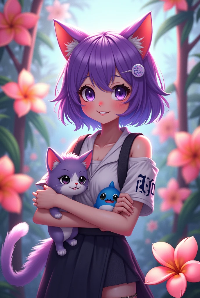 Cat cat anthropomorphic，Full body painting，With plumeria background，Blue Kawaii little shark doll，Purple hair and eyes，Conservative clothing for women，Cute personality，Holding a kitten，There are letters RYDS on the arm，A small hairpin with the words Cats Team on it