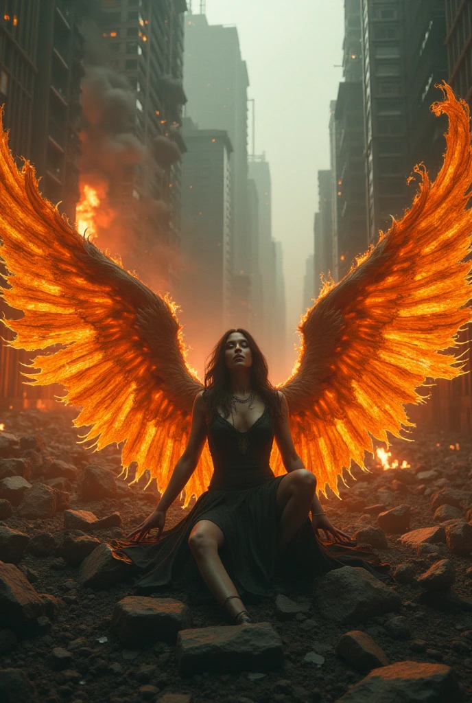 The best quality, masterpiece, ultrahigh resolution, (realistic photograph:1.4), surrealism, dream-like,FusionArt, female evil fallen angel with huge wings of fire lying on the ground, in an apocalyptic city on fire, shadow magic, Darkness control, secrecy, Shadowstep, Threshold Spells, hidden blade,