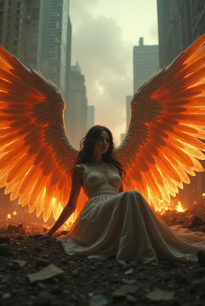 The best quality, masterpiece, ultrahigh resolution, (realistic photograph:1.4), surrealism, dream-like,FusionArt, female evil fallen angel with huge wings of fire lying on the ground, in an apocalyptic city on fire, shadow magic, Darkness control, secrecy, Shadowstep, Threshold Spells, hidden blade,