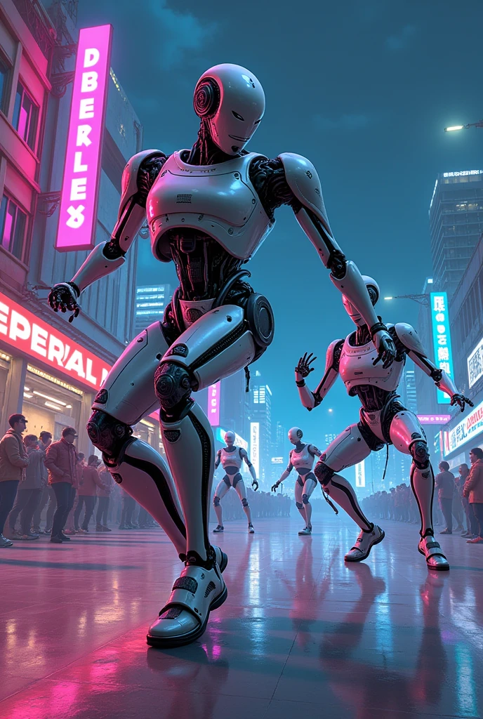Create nice illustration and multiple robots break dancing on the floor.