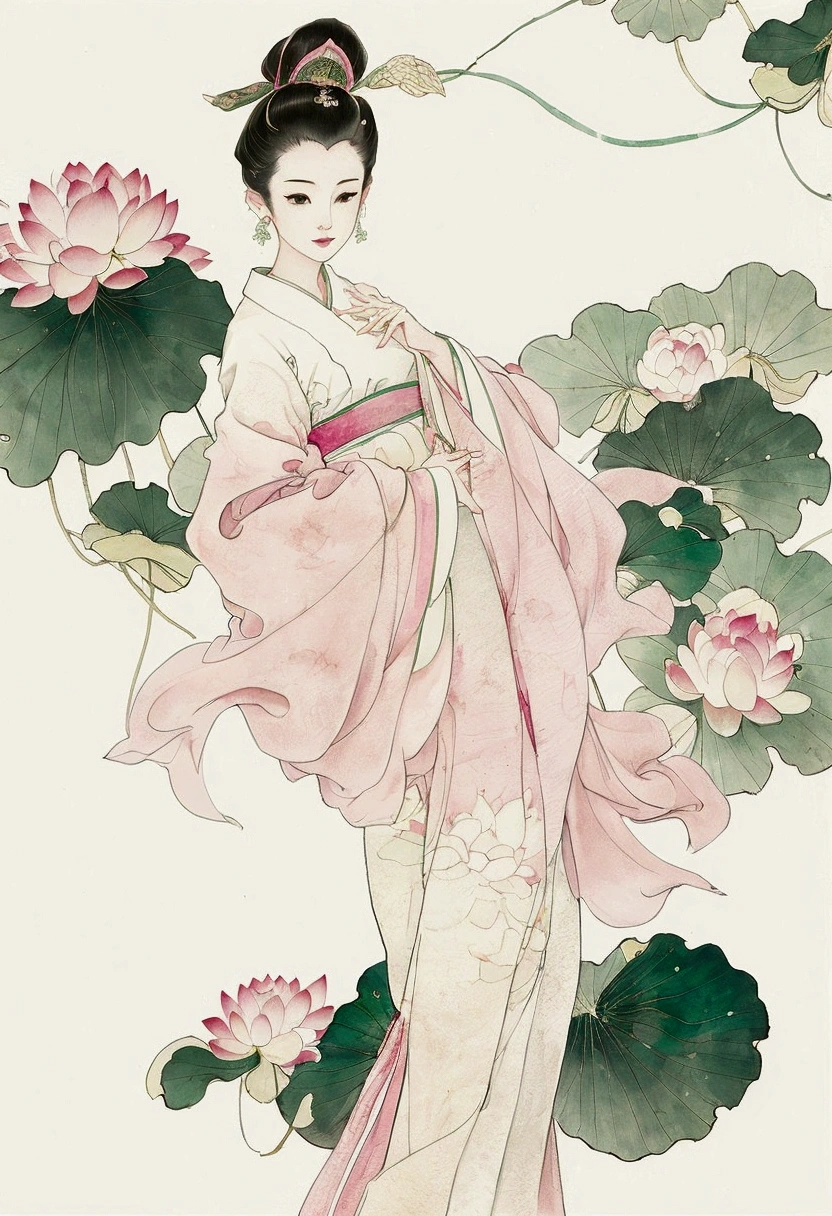 Ink style,lotus,lotus Leaf,Pink and green color scheme,Simple lines,Hand Painted,High-resolution details,White background,On rice paper,HD 16k 8K