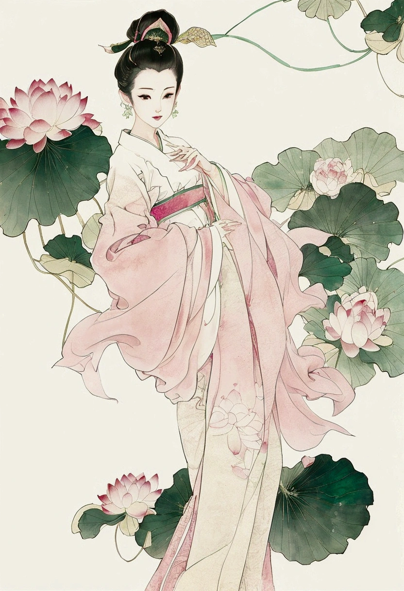 Ink style，lotus，lotus Leaf，Pink and green color scheme，Simple lines，Hand Painted，High-resolution details，White background，On rice paper，HD 16k 8K