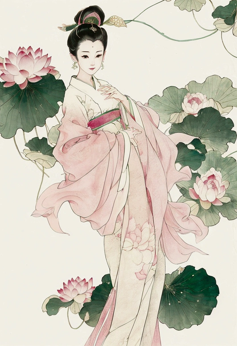 Ink style,lotus,lotus Leaf,Pink and green color scheme,Simple lines,Hand Painted,High-resolution details,White background,On rice paper,HD 16k 8K