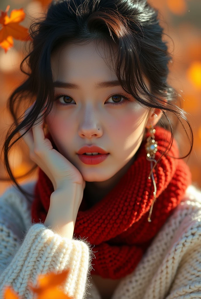 (RAW shooting),Korean women、 Overall image、Thick white sweater、Red scarf around the neck、Long Earrings、Long eyelashes、Round eyes、Put your cheek to your ear、correct、make、smile、Put your mouth in、((Wink))、Soft lips、誘惑的なsmile、Shine、Dark lipstick、Cheek above nose、(autumn leaves)、((Watery eye))、Asymmetrical hair、Real Skin、Blonde、Very realistic,Gray Hair、Messy Hair、Hair behind the ear、Floating Hair、short hair、Boyish Hair、Blunt bangs、Surrealism、Cast a Shadow、Anaglyph、Stereogram、Hyperrealism、modern art、Shine、reflected light、Nikon、Ultra Wide Angle、16K、Very detailed、最high quality、超High resolution、Anatomically correct、Awards、最high quality、Ultra high definition、high quality、High resolution、Textured skin、correct、masterpiece、