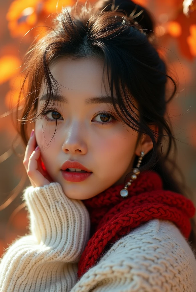 (RAW shooting),Korean women、 Overall image、Thick white sweater、Red scarf around the neck、Long Earrings、Long eyelashes、Round eyes、Put your cheek to your ear、correct、make、smile、Put your mouth in、((Wink))、Soft lips、誘惑的なsmile、Shine、Dark lipstick、Cheek above nose、(autumn leaves)、((Watery eye))、Asymmetrical hair、Real Skin、Blonde、Very realistic,Gray Hair、Messy Hair、Hair behind the ear、Floating Hair、short hair、Boyish Hair、Blunt bangs、Surrealism、Cast a Shadow、Anaglyph、Stereogram、Hyperrealism、modern art、Shine、reflected light、Nikon、Ultra Wide Angle、16K、Very detailed、最high quality、超High resolution、Anatomically correct、Awards、最high quality、Ultra high definition、high quality、High resolution、Textured skin、correct、masterpiece、