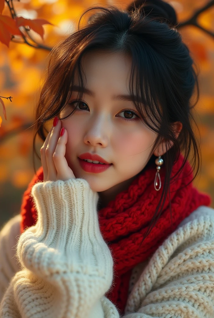 (RAW shooting),Korean women、 Overall image、Thick white sweater、Red scarf around the neck、Long Earrings、Long eyelashes、Round eyes、Put your cheek to your ear、correct、make、smile、Put your mouth in、((Wink))、Soft lips、誘惑的なsmile、Shine、Dark lipstick、Cheek above nose、(autumn leaves)、((Watery eye))、Asymmetrical hair、Real Skin、Blonde、Very realistic,Gray Hair、Messy Hair、Hair behind the ear、Floating Hair、short hair、Boyish Hair、Blunt bangs、Surrealism、Cast a Shadow、Anaglyph、Stereogram、Hyperrealism、modern art、Shine、reflected light、Nikon、Ultra Wide Angle、16K、Very detailed、最high quality、超High resolution、Anatomically correct、Awards、最high quality、Ultra high definition、high quality、High resolution、Textured skin、correct、masterpiece、
