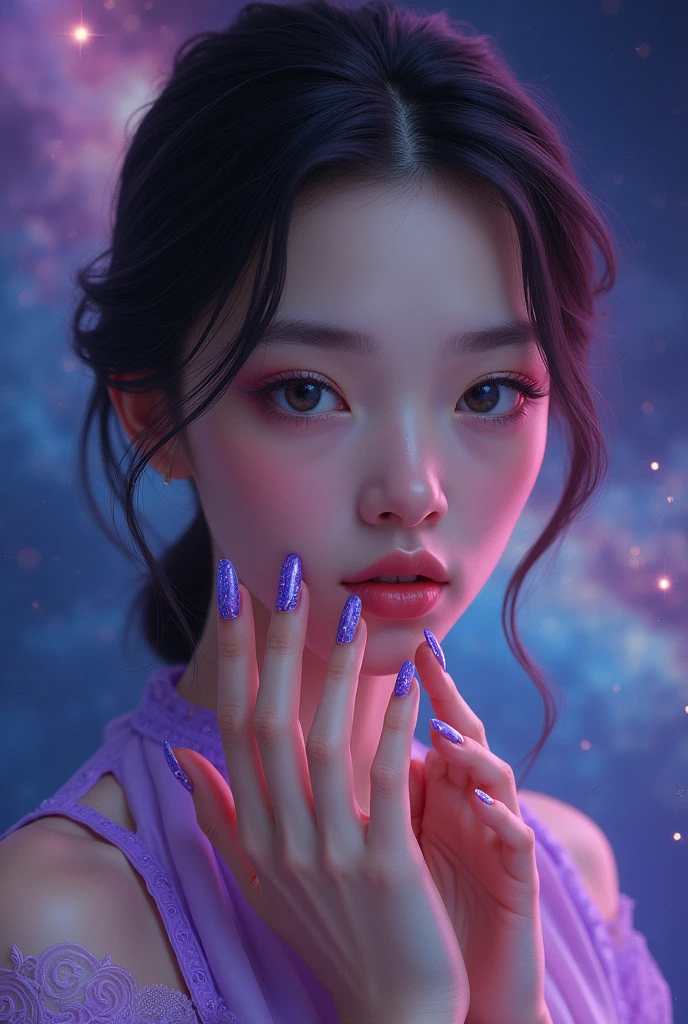 Main réaliste avec des ongles nail art violet et background space