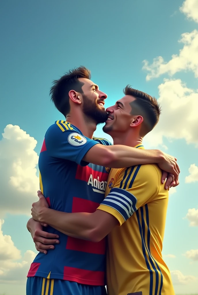 Drawing of Messi hugging each other looking at the sky showing happiness with the Junior de Barranquilla shirt and Cristiano Ronaldo with the Real Madrid shirt