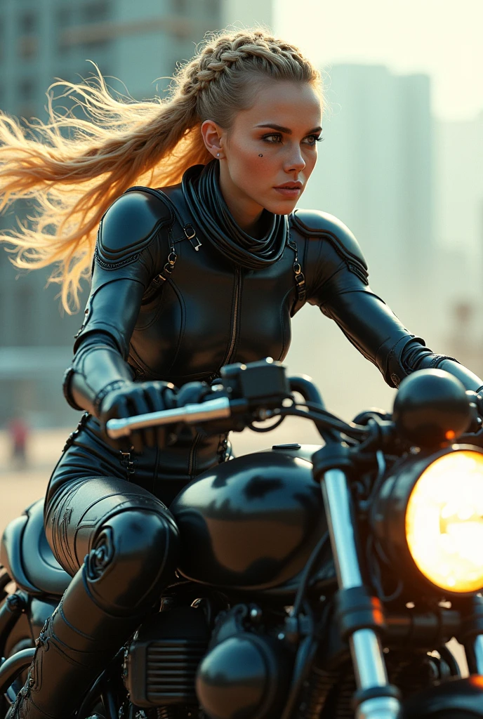 Sexy cyborg girl riding on the motorcycle, blonde hair, french braid, (Best quality, 4K, 8k, A high resolution, masterpiece:1.2), absurdity, masterpiece, ultra detailed, (realistic, photorealistic, photorealistic:1.37), complex parts, HDR, (complex parts:1.12), (hyper detailed, hyper realistic, Soft lighting, spicy:1.2), beautiful figure, Magnificent Anatomy, (complex part, Hyper detailed:1.15), Smooth skin,