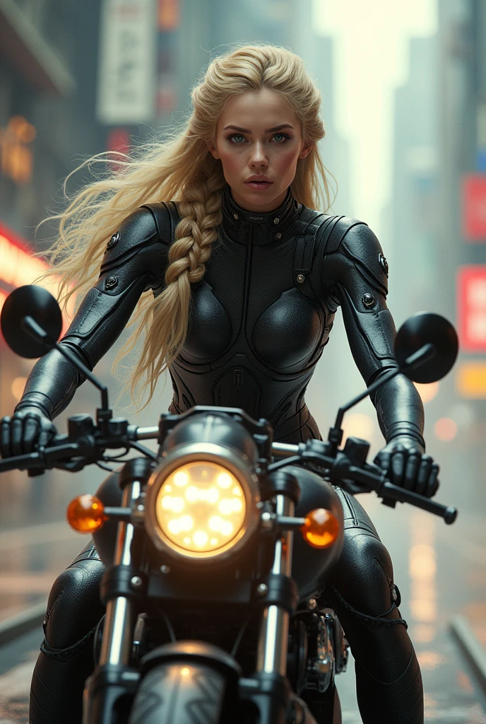 Sexy cyborg girl riding on the motorcycle, blonde hair, french braid, (Best quality, 4K, 8k, A high resolution, masterpiece:1.2), absurdity, masterpiece, ultra detailed, (realistic, photorealistic, photorealistic:1.37), complex parts, HDR, (complex parts:1.12), (hyper detailed, hyper realistic, Soft lighting, spicy:1.2), beautiful figure, Magnificent Anatomy, (complex part, Hyper detailed:1.15), Smooth skin,